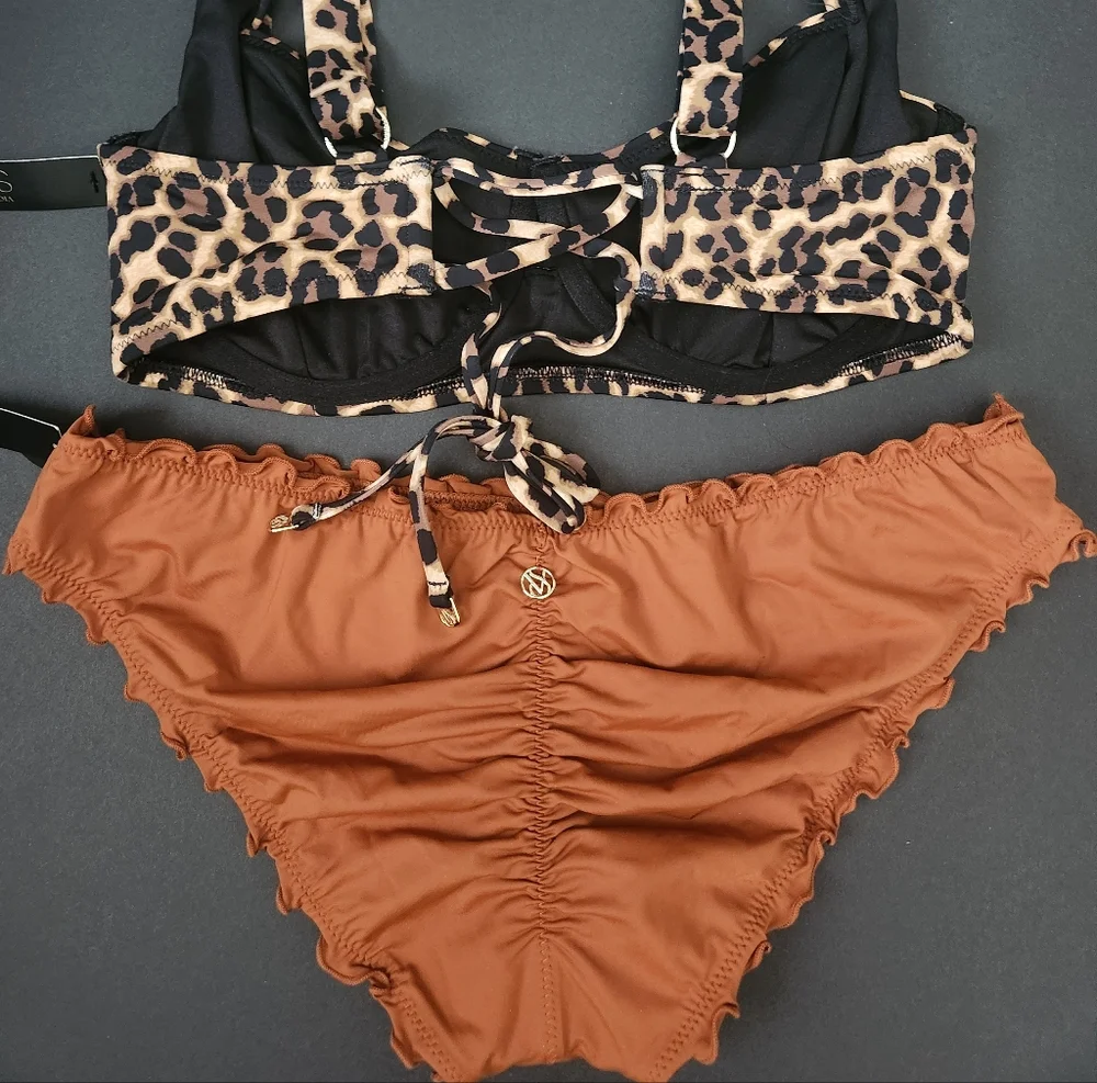 32D/S VS Swim Full Coverage Bikini Top Ruffle Cheeky Bikini Set Leopard